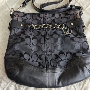 COACH Signature C Black on Black Sateen & Leather Chain Duffle Crossbody Bag
